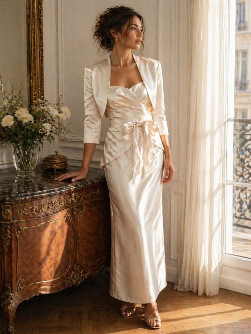 Adrianna Papell Ivory Satin Strapless Gown with Cropped Bolero